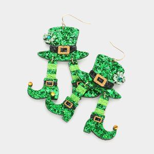 ST. PATRICK'S DAY GLITTERED DANGLING LEPRECHAUN CLOVER HAT AND SHOES EARRINGS
